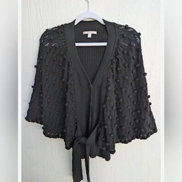 Rebecca Taylor Black Wool Blend Pompom Tie Front Cardigan Sweater - Picture 2 of 8